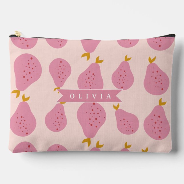 Personalized Pink Pear Pattern Cute Girly Fruit Accessory Pouch (Front)