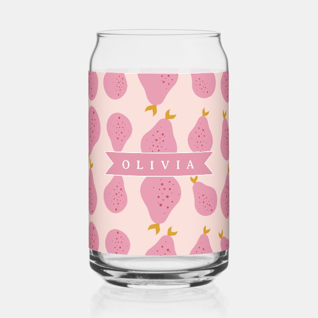Personalized Pink Pear Pattern Cute Girly Fruit Can Glass (Front)