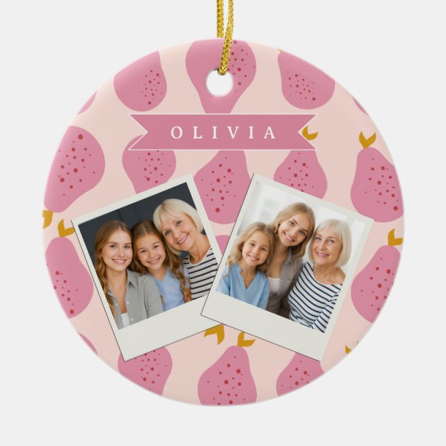 Personalized Pink Pear Pattern Cute Girly Fruit Ceramic Ornament (Front)