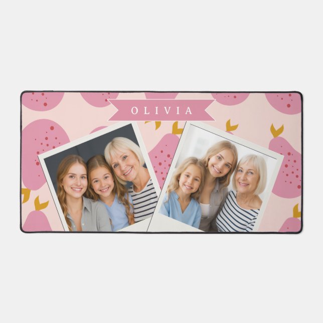 Personalized Pink Pear Pattern Cute Girly Fruit Desk Mat (Front)