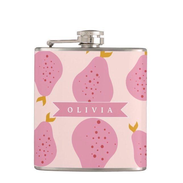 Personalized Pink Pear Pattern Cute Girly Fruit Flask (Front)
