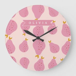 Personalized Pink Pear Pattern Cute Girly Fruit Large Clock