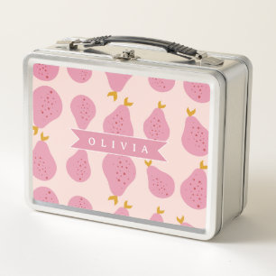 Personalized Pink Pear Pattern Cute Girly Fruit Metal Lunch Box