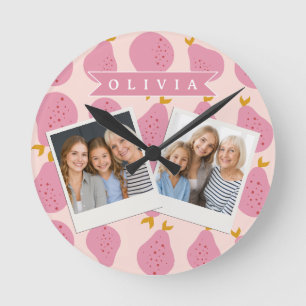 Personalized Pink Pear Pattern Cute Girly Fruit Round Clock
