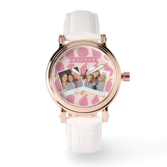 Personalized Pink Pear Pattern Cute Girly Fruit Watch (Front)