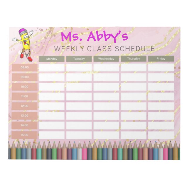 Personalized Pink Pencil Weekly Class Schedule Notepad (Front)