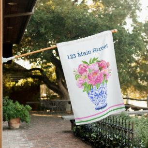 Personalized Pink Peonies Blue Chinoiserie Vase House Flag