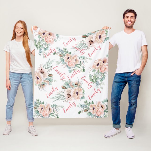 Personalized Pink Peonies Fleece Blanket (In Situ)