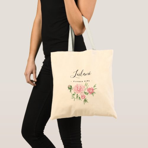 Personalized Pink Peony Floral  Flower Girl Tote