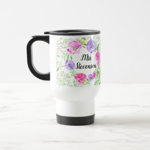 Personalized Pink Peony Floral Watercolor Teacher Travel Mug