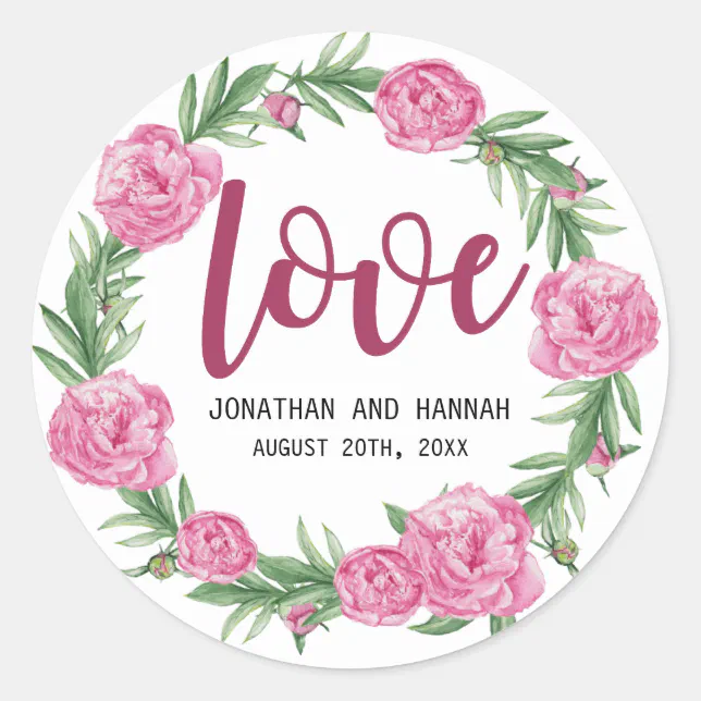 Personalized Pink Peony Floral Wedding Love Classic Round Sticker Zazzle