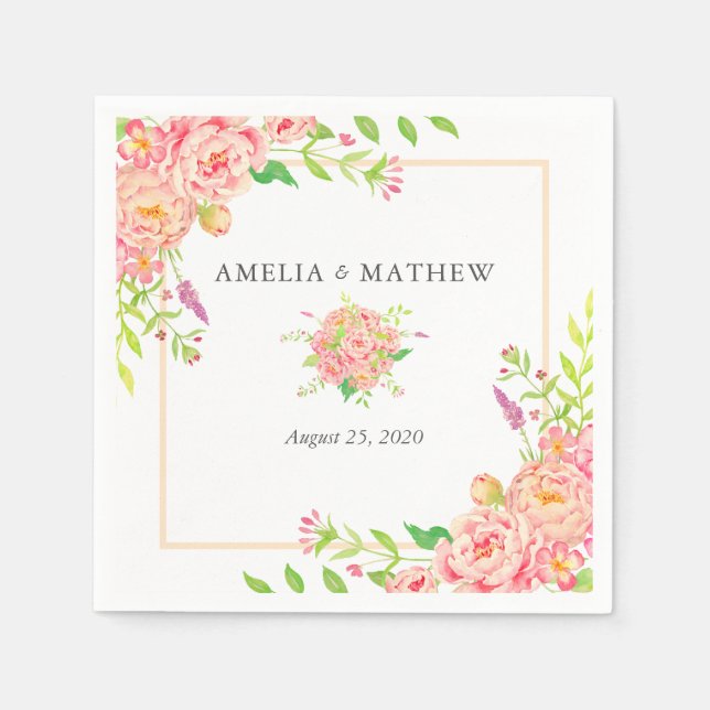 Personalized Pink Peony Wedding Napkins (Front)