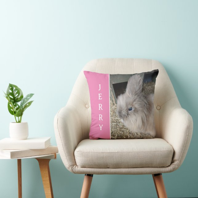 Personalized Pink Pet Rabbit Photo and Name Throw  Pillow (Chair)
