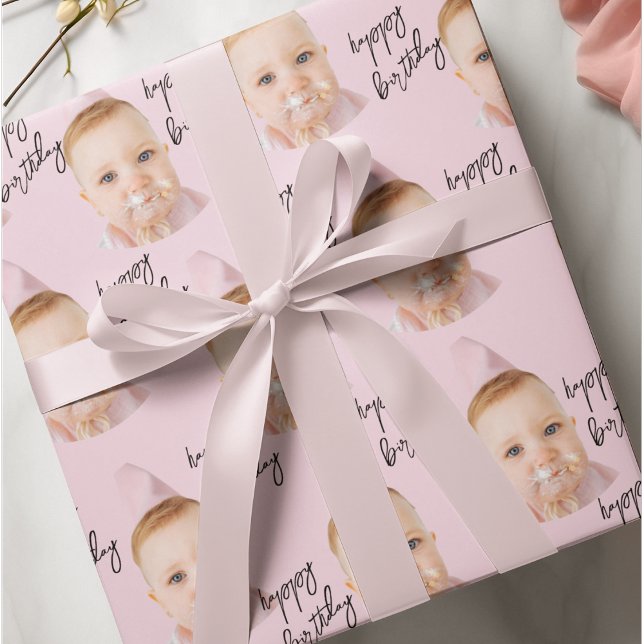 Personalized Pink Photo Collage Kids Birthday Wrapping Paper (Creator Uploaded)