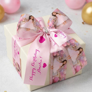 Personalized Pink Photo Girl Birthday Party Satin Ribbon