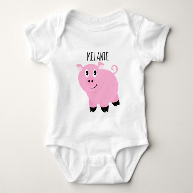 Personalized Pink Pig Baby Animal Piggy Baby Bodysuit (Front)