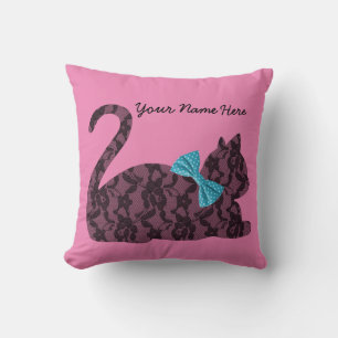 Personalized Pink Pillow with Black Lace Cat