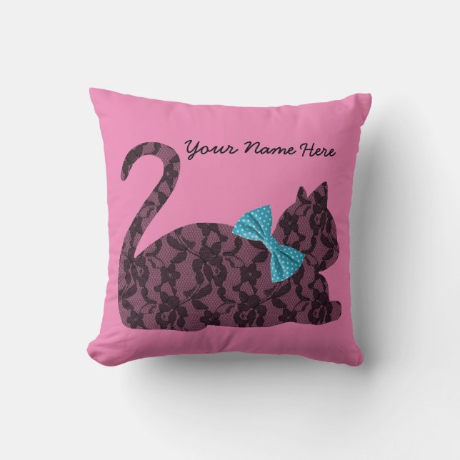 Personalized Pink Pillow with Black Lace Cat (Front)