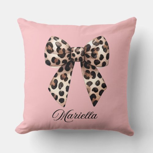 Personalized Pink Pillow with Leopard Bow