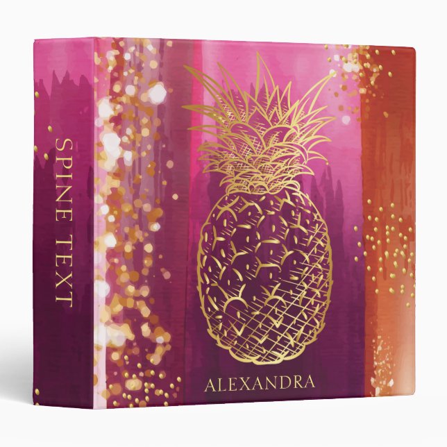 Personalized Pink Pineapple Gold Glitter 3 Ring Binder (Front/Spine)