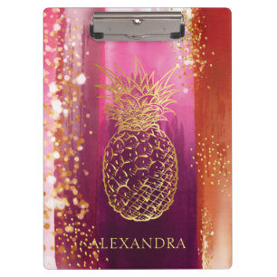 Personalized Pink Pineapple Gold Glitter Clipboard
