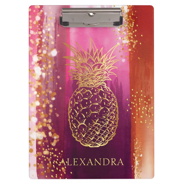 Personalized Pink Pineapple Gold Glitter Clipboard (Front)