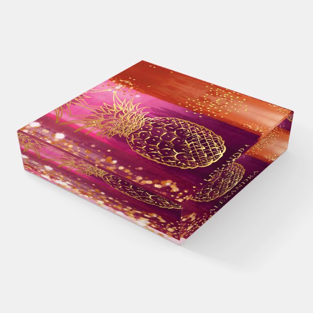 Personalized Pink Pineapple Gold Glitter Paperweight (Angled)