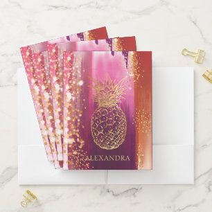 Personalized Pink Pineapple Gold Glitter Pocket Folder