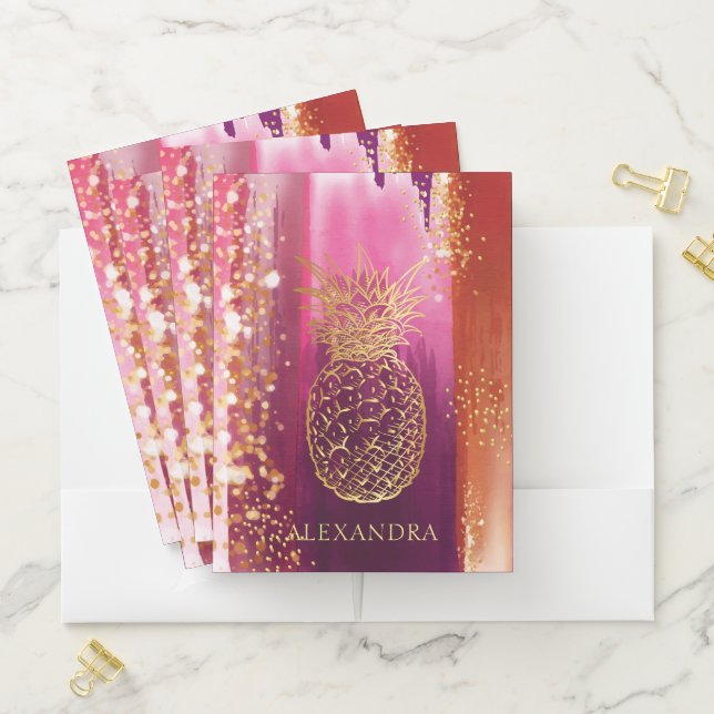 Personalized Pink Pineapple Gold Glitter Pocket Folder (In Situ)