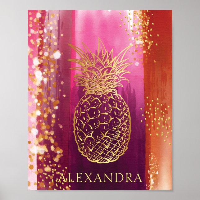 Personalized Pink Pineapple Gold Glitter Poster (Front)