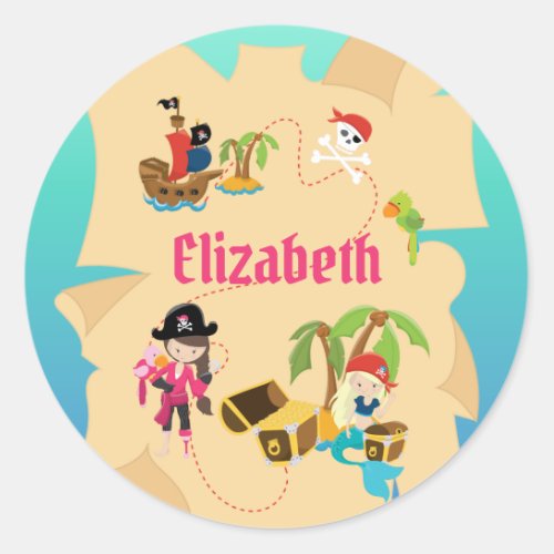 Personalized Pink Pirate Girl Treasure Map Classic Round Sticker