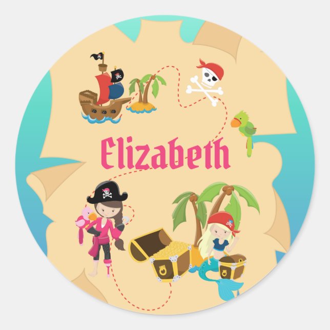Personalized Pink Pirate Girl Treasure Map Classic Round Sticker (Front)