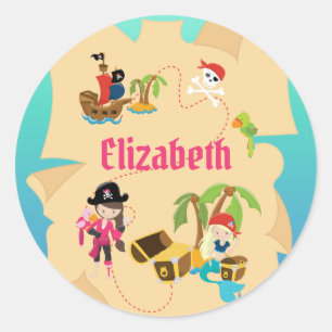 Personalized Pink Pirate Girl Treasure Map Classic Round Sticker
