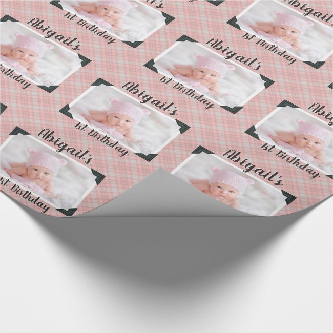Personalized Pink Plaid Baby Birthday Photo