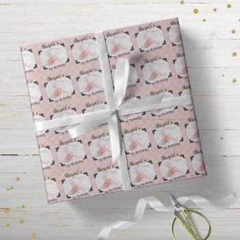 Personalized Pink Plaid Baby Birthday Photo Wrapping Paper by teeloft at Zazzle