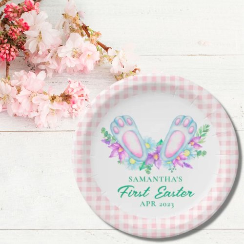 Personalized Pink Plaid Bunny Feet My First Easter Paper Plates