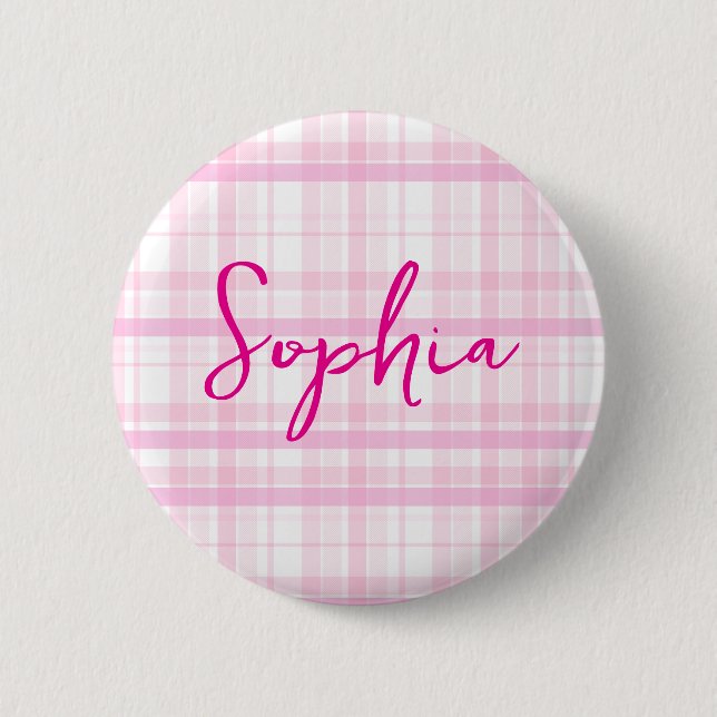Personalized Pink Plaid button  with Name  (Front)