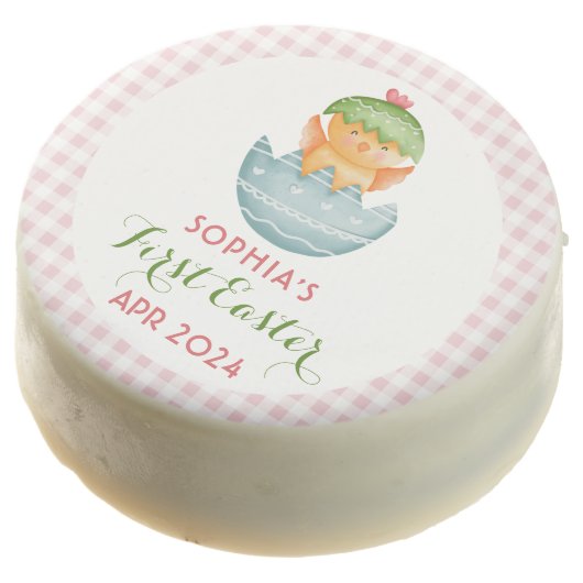 Personalized Pink Plaid Chick Egg My First Easter Chocolate Covered Oreo (Angled)