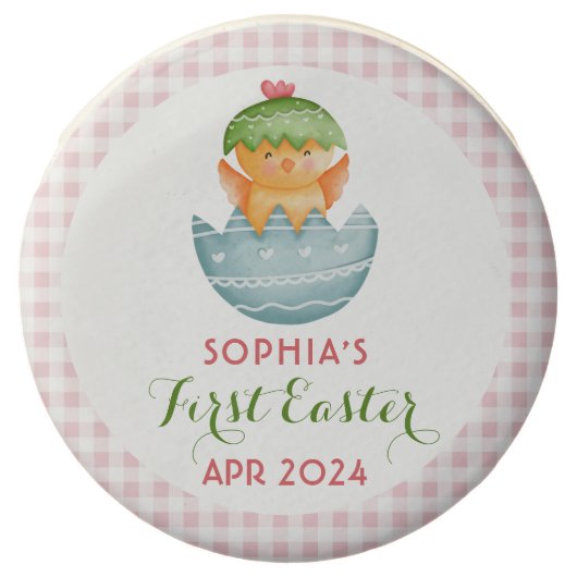 Personalized Pink Plaid Chick Egg My First Easter Chocolate Covered Oreo (Front)