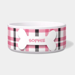 Personalized pink plaid dog bone pet food bowl