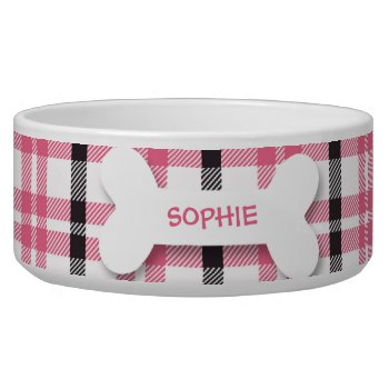 Personalized Pink Plaid Dog Bone Pet Food Bowl by Jamene_Clothing at Zazzle