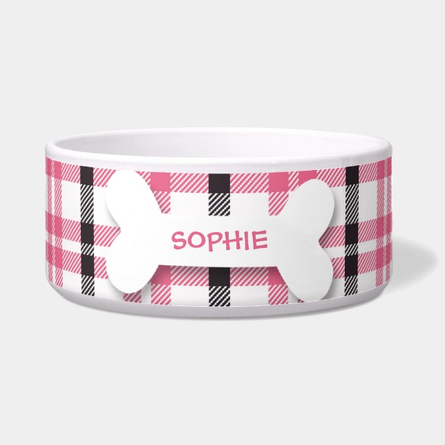 Personalized pink plaid dog bone pet food bowl (Front)