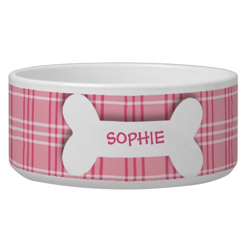 Personalized pink plaid dog bone pet food bowl
