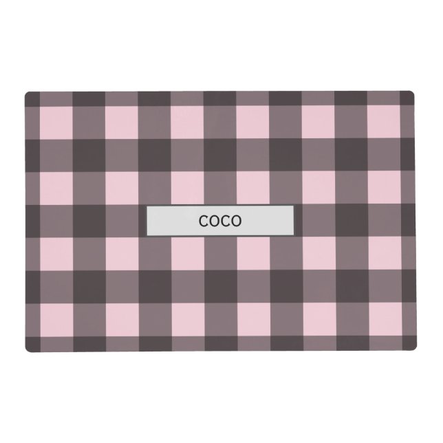 Personalized Pink Plaid Dog Feeding Mat (Front)