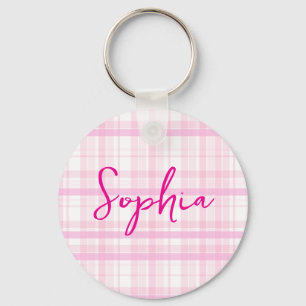 Personalized Pink Plaid keychain  with Name 