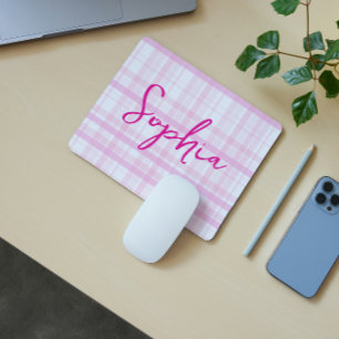 Personalized Pink Plaid Mouse Pad with Name