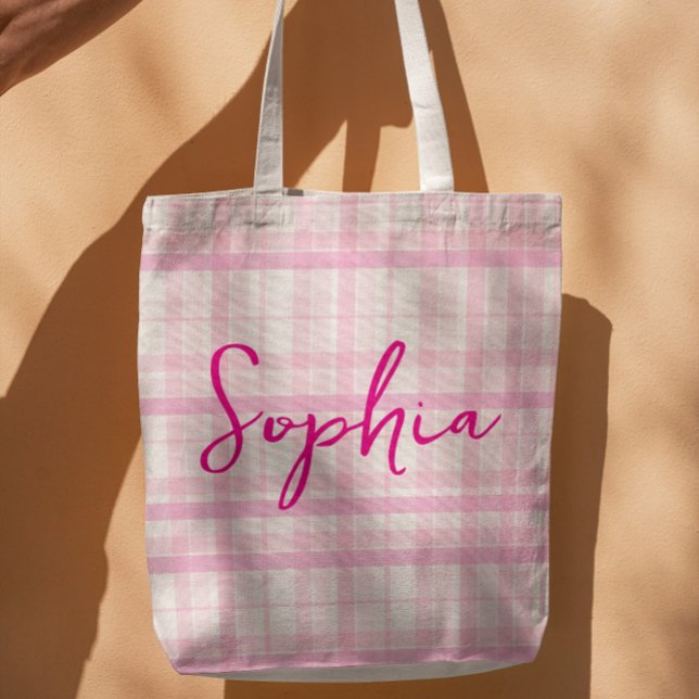 Personalized Pink Plaid Name Tote Bag (Creator Uploaded)