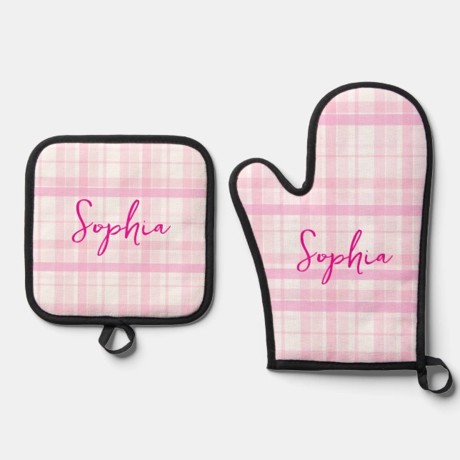 Personalized Pink Plaid  Oven Mitt & Pot Holder Set (Front)