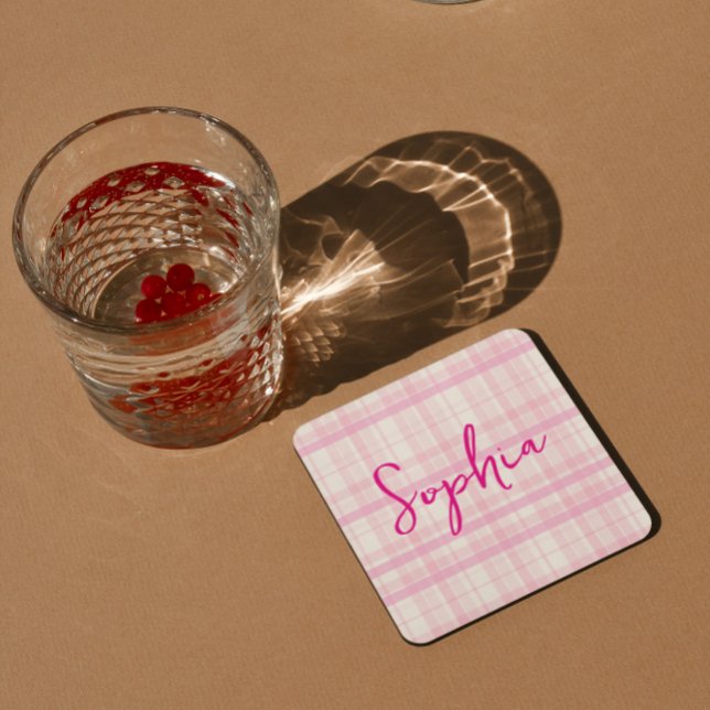 Personalized Pink Plaid Paper Coaster with Name  (Creator Uploaded)