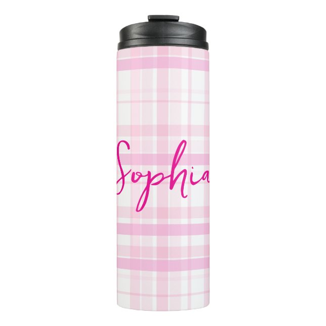Personalized Pink Plaid Thermal Tumbler with Name  (Front)